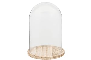 HAES DECO - Cloche en Verre avec Socle en Bois Marron Clair - Diamètre 17 cm et Hauteur 25 cm - Cloche en Verre Décorative Transparente avec Plateau en Bois - ST021691