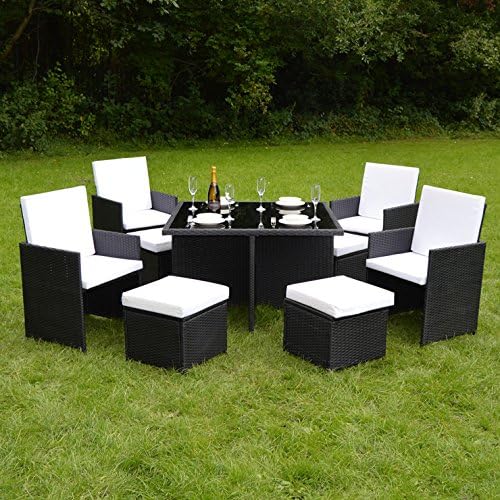 9-Piece/8-Seater PE Rattan Wicker Cube-Style Garden/Patio Dining Table/Chairs Set with Rain Cover (Black)