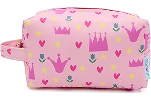 PONETTE - Neceser Infantil en Tejido Rosa con Divertido Estampado de Coronas, Corazones, Estrellas y Tulipanes, Niño, Niña, Viaje, Estuche, Bolsa, Piscina, Colegio, Campamento, Marca Española