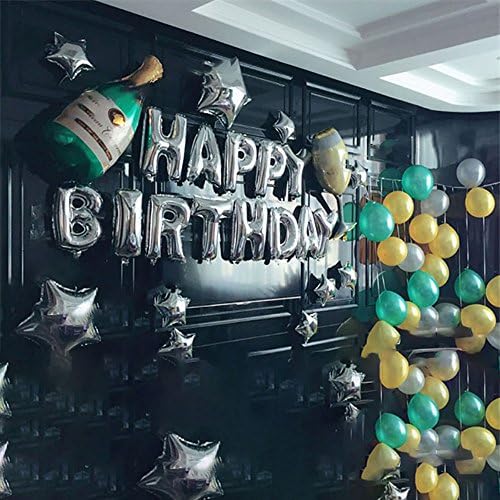 Sliver Birthday and Champagne Balloon Set+Champagne Bottle+Cake+Glass+Star Foil balloons for Party Decorations Party Supplies