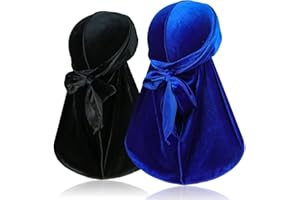 TSKNOMO 2 Stück Samt Durags für 360 Waves, Silky Do Rag Durag Kopfwickel mit extra langem Schwanz und breiten Trägern für Männer und Frauen