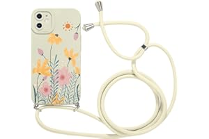 Foonary Handykette Handyhülle für Apple iPhone 12 6,1", Aesthetic Muster Hülle mit Band Kette Case (Abnehmbar), Slim Silikon Stoßfest Kratzfest Bumper Schutzhülle Cover mit Schnur Kordel, Blume 01