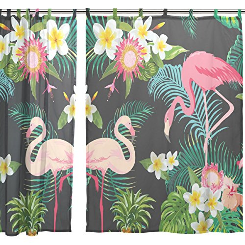 jstel 2 Pcs Voile Fenster Vorhang, tropischen Blumenmuster Flamingos, Tüll Sheer Vorhang Tuch Querbehang 139,7 x 198,1 cm Zwei scheibenelementen Set - 2