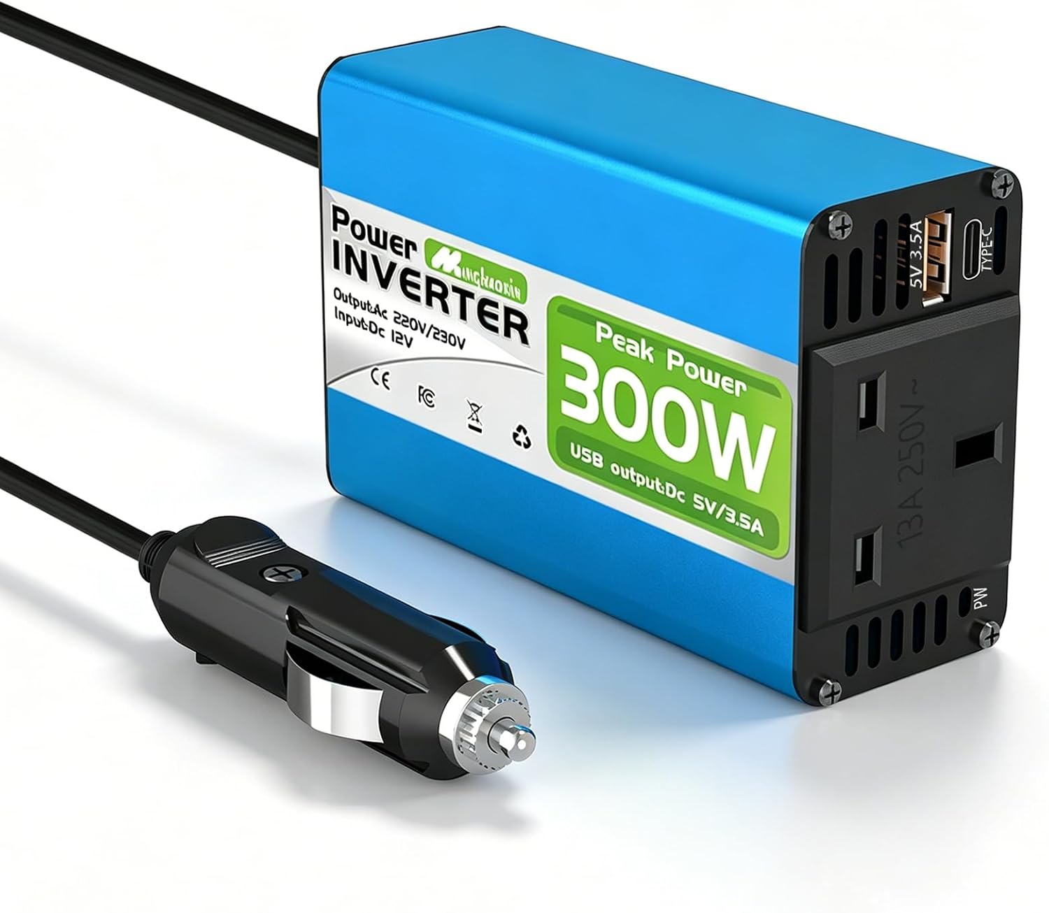 300W Car Power Inverter 12V to 230V/240V Converter, Car Charger Lighter Adapter USB-A and USB-C 3A Charging Ports - Blue Aluminum Body