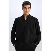 DeFacto Regular Fit Polo Yaka Keten G&ouml;r&uuml;n&uuml;ml&uuml; Uzun Kollu Siyah G&ouml;mlek E1204AX25SM