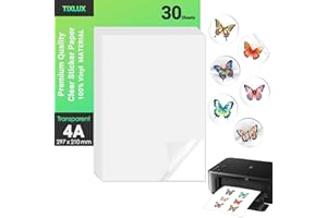 Tixlux 30 feuilles de papier autocollant en vinyle pour imprimante à jet d'encre, transparent, autocollant, sèche rapidement, couleurs vives, papier autocollant imperméable, format A4 297x210mm