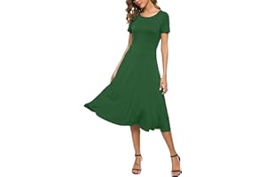 EXCHIC Mujeres Casual Sólida Cuello Redondo Midi Vestido Elástico Manga Corta Verano Vestido Largo