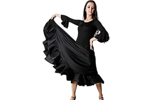 Gojoy shop- Traje Profesional de Baile Danza Flamenco o Sevillanas para Mujer de 2 Piezas (Contiene Body con Doble Volantes en Manga y Falda con Un Volante Liso (M, Negro)