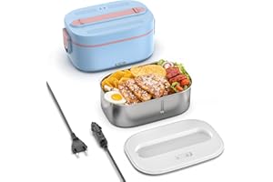 YEEFON Scaldavivande Elettrico 80W, 1,5L Porta Pranzo Riscaldabile, 3 in 1 12V/24V/220V calda Vivande Portatile Elettrico, Acciaio Inox Forchetta Cucchiaio per Auto Camion Ufficio