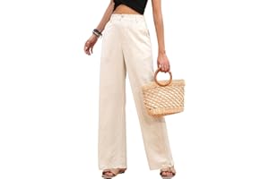 PASUDA Pantalones Lino Mujer Verano Pantalones Comodos Cintura Alta Anchos Pantalones Moda Casual Baggy Rectos Pantalon con Bolsillos