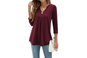 YloveM Blusa para Mujer Cuello en V Manga 3/4 Camisas Casuales Elegantes Túnica Top Color Sólido Blusas de Trabajo Largas Camisas