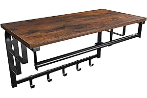 MIADOMODO® Attaccapanni da Muro con Mensola - 66,5 x 30 x 32,5 cm, Barra di Metallo e 5 Ganci, Stile Industriale - Appendiabiti da Parete con Ripiano Portaoggetti, da Ingresso