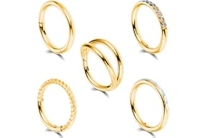 Lusofie 5Pcs 16G/18G Hinged Nose Rings Nose Rings Hoops Septum Ring Clicker CZ Tragus Cartilage Double Nose Ring Nose Body Piercing Jewelry for Women Men(8MM/10MM)