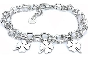 SAGA GIOIELLI® Bransoletka damska stalowy łańcuszek czterolistna koniczyna drzewo życia talizman, 17 + 3 cm, Stal nierdzewna, Agat