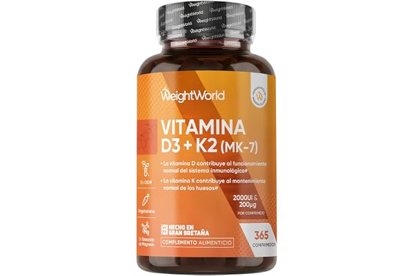 Vitamina D3 y K2 2000 UI + 200 µg - 365 Comprimidos de Vitamina D y MK7 | 1 Año de Suministro - Contribuye al mantenimiento de los huesos en condiciones normales (EFSA), Vegetariano y Sin OGM