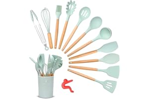 Songway 12 PCS Kit d'Ustensiles de Cuisine en Silicone et Bois avec Pot de Rangement, Set d'ustensiles de Cuisine en Silicone