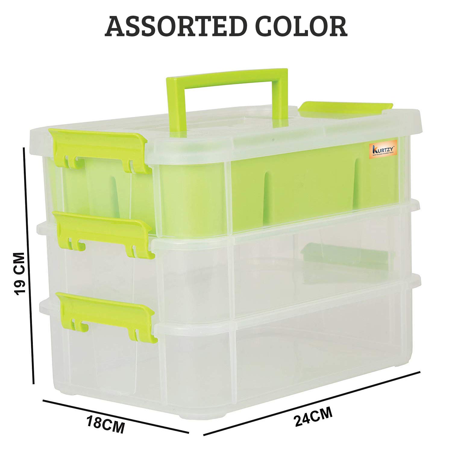 ABOUT SPACE 3 Tier Virgin Plastic Carry Box for Storage with Removable Tray - Transparent Medicine Organizer with Lid & Latch Buckles Stackable Box for Stationery (Assorted - L 26 x B 17 x H 19 cm)