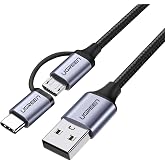 Ugreen 2'si 1 Arada &Ouml;rg&uuml;l&uuml; Type-C Micro USB Şarj ve Data Kablosu 1 Metre