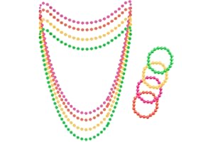 NGUIT 8PCS Neon Jewellery 80s Retro Fancy Dress Multi Beads Christmas Accessories for Women Vibrant Colourful Necklace & Bracelets for Themed UV Parties, Carnival, Festivals, Raves, Costume Events