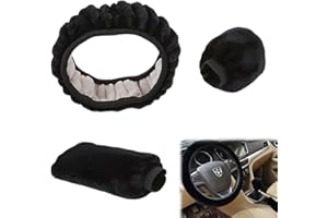 HELWEET Pluszowy pokrowiec na kierownicę samochodową, zimowy pokrowiec na kierownicę samochodową, hamulec ręczny, osłona zmiany biegów, teleskopowy pokrowiec na kierownicę o średnicy 38 cm, 3 sztuki (czarny)