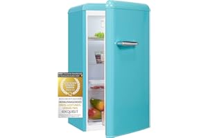 Exquisit® Frigorífico Table Top Retro, 94L, Clase F, Color Azul Turquesa, Cajón Verdulero, 3 Estantes de Cristal, Tiradores Vintage, Luz LED, Consumo 107 kWh/año, Medidas 90,5x48x49,5 Cm.