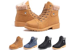 HITMARS Ladies Ankle Boots Womens Snow Shoes Fur Lined Winter Combat Boot Warm Lace Up Plat PU Leather Booties Comfy Fashion Outdoor Black Grey Brown 3.5-9 UK