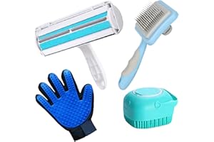 FRIKINK Set 4 productos para el aseo de mascotas: cepillo quita pelos, cepillo de baño dispensador, guante para cepillar quita pelo y rodillo quita pelos, quita pelusas - Set 4 en 1