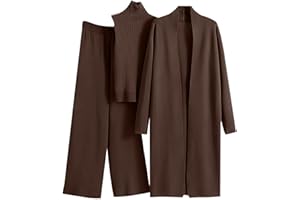 GENERIC Women's 3 Piece Knit Lounge Set, Long Sleeve Cardigan Sleeveless Turtleneck Tank Top and Wide Leg Pants Matching