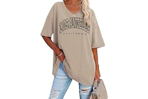 Tomwell Damen Los Angeles Brief T-Shirt mit V-Ausschnitt Kurzarm Sport Sommer Rundhals Oversized Oberteile Drucken Sweatshirt Lose Bluse Tunika Lang für Teen Girls Top
