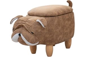 ‎SVITA SVITA Tierhocker mit Stauraum Kinderhocker Ordnungshelfer Sitzhocker Polster mit Holzbeinen Kinderzimmer Deko Sitzbox Tier-Motiv Mops Hellbraun