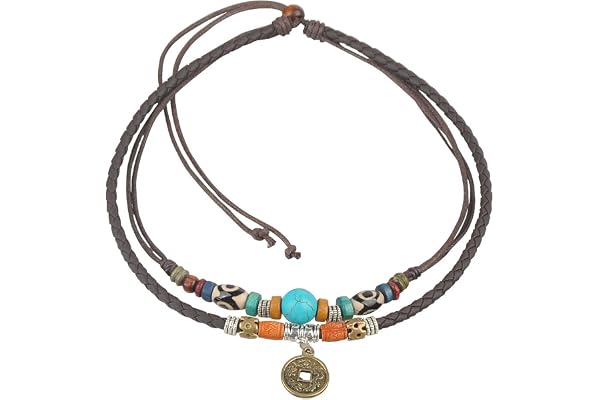 Ancient Tribe Collier ras du cou réglable en cuir de chanvre et perles turquoises