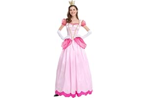 IDOPIP Vestido para mujer de Super Mario Princess Peach con corona para Cosplay de Carnaval de Halloween