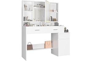 TRIUMPHKEY Toeletta da Trucco con Luci LED,3 Impostazioni di Colore e Oscuramento Specchio,6 Scomparti, 2 Cassetti Grandi,Tavolo da Trucco,Ganci per Gioielli,Moderno,Bianco