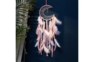 MSLSOZ Attrape-rêves en forme de lune rose avec pendentifs en forme d'étoile et pompons en ruban et plumes 2 couleurs - Parfait pour chambre de fille, décoration d'intérieur, cadeau d'anniversaire et