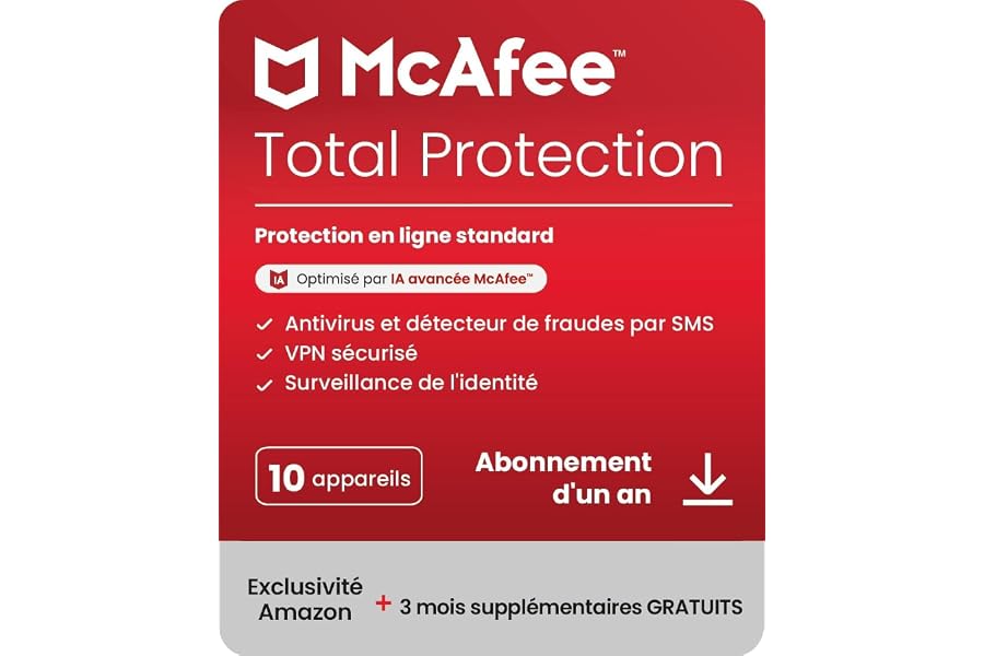 McAfee Total Protection 10 appareils 2025 | 15 mois | VPN sécurisé, logiciel de sécurité avec antivirus, gestionnaire de mots