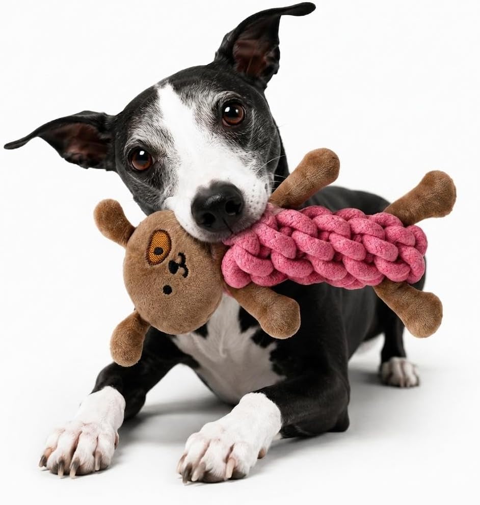 getmeev Köpekler İçin Halatlı Peluş Isırma ve Çiğneme Oyuncağı, Yumuşak Dokulu Hayvan Figürlü Oyun Oyuncağı, Isırma Taşıma ve Çekiştirme İçin Eğlenceli Aktivite Oyuncağı - Kahverengi-Pembe Ayıcık