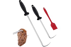 MSY BIGSUNNY Heavy Duty Food Flipper with Sharp Tail Tip, Stainless Steel Grilling Meat Hook, Set of 2 (16“&12”)