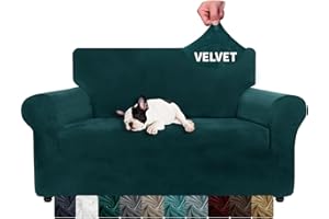 XINEAGE 1 Piece Velvet Couch Covers for 2 Cushion Couch High Stretch Loveseat Slipcover for Pets Dogs Anti Slip Love Seat Sofa Slipcover Furniture Protector (2 Seater, Blackish Green)