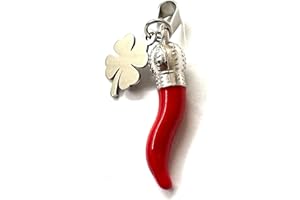 MODA MavillA Ciondolo in Acciaio con Corno Rosso e Quadrifoglio E ciampa cavallo