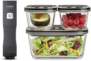 ‎CASO CASO Vacu OneTouch Eco-Set, Handvakuumierer inkl. 3 Vakuumbehälter aus Glas, 10 ZIP-Beutel und Food Manager Sticker, kabellos, bis zu 150 Minuten Laufzeit, aufladbar, Schwarz