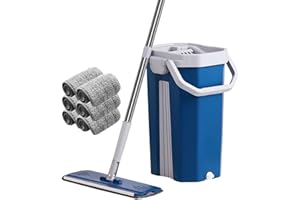NEWTY Mopa con Cubo Escurridor Plana Limpia Suelos Doble Función Mop Escurrefácil Escurridor Secado 6 Almohadillas Fregona Microfibra Absorbente Limpieza Hogar Madera Parquet Azulejo Mármol