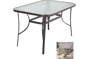 The Fellie Patio Table Outdoor Tempered Glass Top Dining Table Rectangle Coffee Table with Umbrella Hole for Garden, Backyard, Balcony (120 x 80 x 72cm-Rectangle Table, Brown)