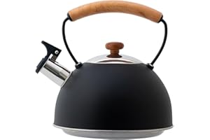 Hengjierun Bouilloire sur cuisinière, Bouilloire sifflante Noire avec Manche en Bois Isolant Thermique, théière sifflante cuisinières à Induction, cuisinières à gaz