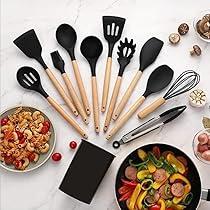 Ensemble Ustensiles De Cuisine Country Kitchen - 40 Pièces En Silicone Avec Support Bois | Lot Spatules Antiadhésives