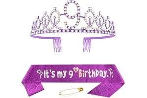 HUTURE 9. Geburtstag Schärpe und Krone für Mädchen Lila Kristall Queen Tiara Princess Crown 9th Birthday Schärpe Geburtstagskrone Birthday Party Accessoires Geburtstagsdeko 9th Geburtstagsgeschenk