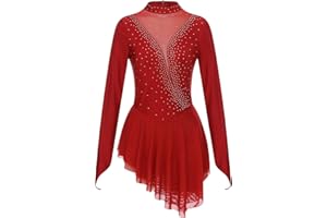 Oyolan Femme Robe Patinage Artistique Asymétrique Justaucorps Gymnastique Danse Strass Manches Longues Tenue Spectacle S-XXL