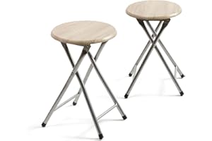 THE SECRET HOME - Pack de 2 Taburetes Plegables de Madera y Metal - Alto. 45 x Ø30 cm - Banqueta sin Respaldo - Ideal para Cocina, Terraza o Jardín - Color Madera Clara