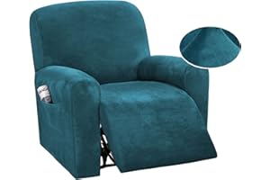 DSECHCRSL Velvet Recliner Chair Cover with Side Pocket, 4 Piece Non Slip Recliner Sofa Cover 1 Seat Stretch Recliner Cover Form Fitted Thick Soft Washable for Living Room, Pet, Kids,Green