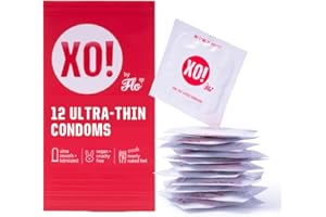 FLO XO! Ultra-Thin Condoms, Natural Feel Lubricated Latex Condoms, Smooth & Unscented, Eco-friendly & Extra-Safe - Pack of 12