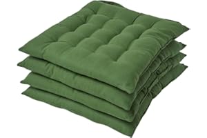 HOMESCAPES Dark Olive Green Seat Pads for Dining Chair, Set of 4 100% Cotton Chair Pads with Straps, 40x40 cm